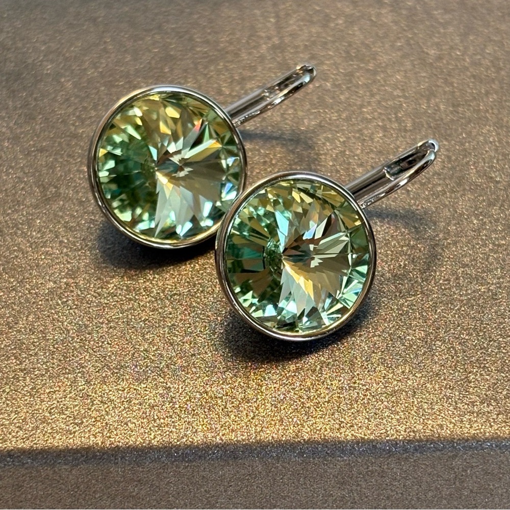 Light Lime Green Small Bella-Style Swarovski Crystal Rhodium Leverback Earrings - Picture 12 of 16